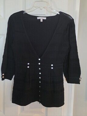 Cache LUXE Black V-Neck Button Knit Cinches Waist Pleated Cardigan Small
